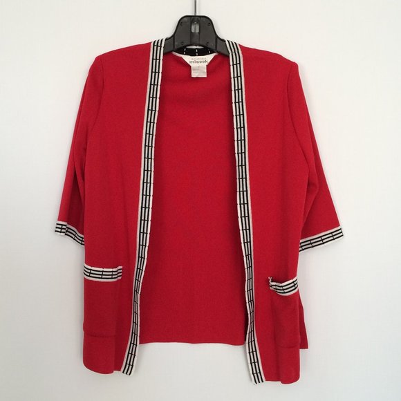 Exclusively Misook Womens Cardigan Small Red 3\4 Sleeve Contrast Trim Acrylic - Picture 1 of 5